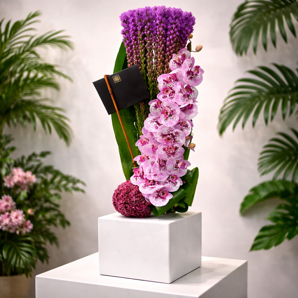 AFV 300-6 Purple Liatris & Phalaenopsis Orchid Vertical Floral Arrangement w/ Same Day Flower Delivery, Miami