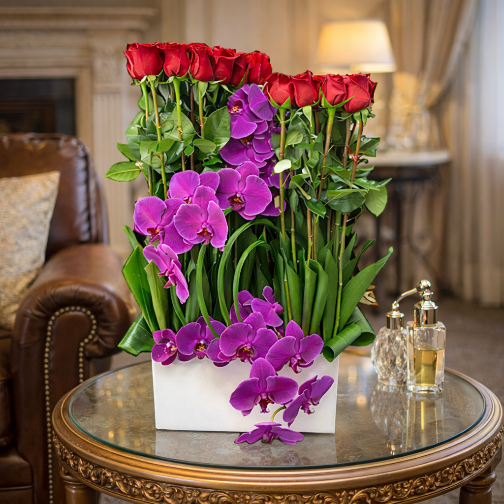 AFV 335-1 Red Roses And Purple Orchids Luxury Floral Arrangement