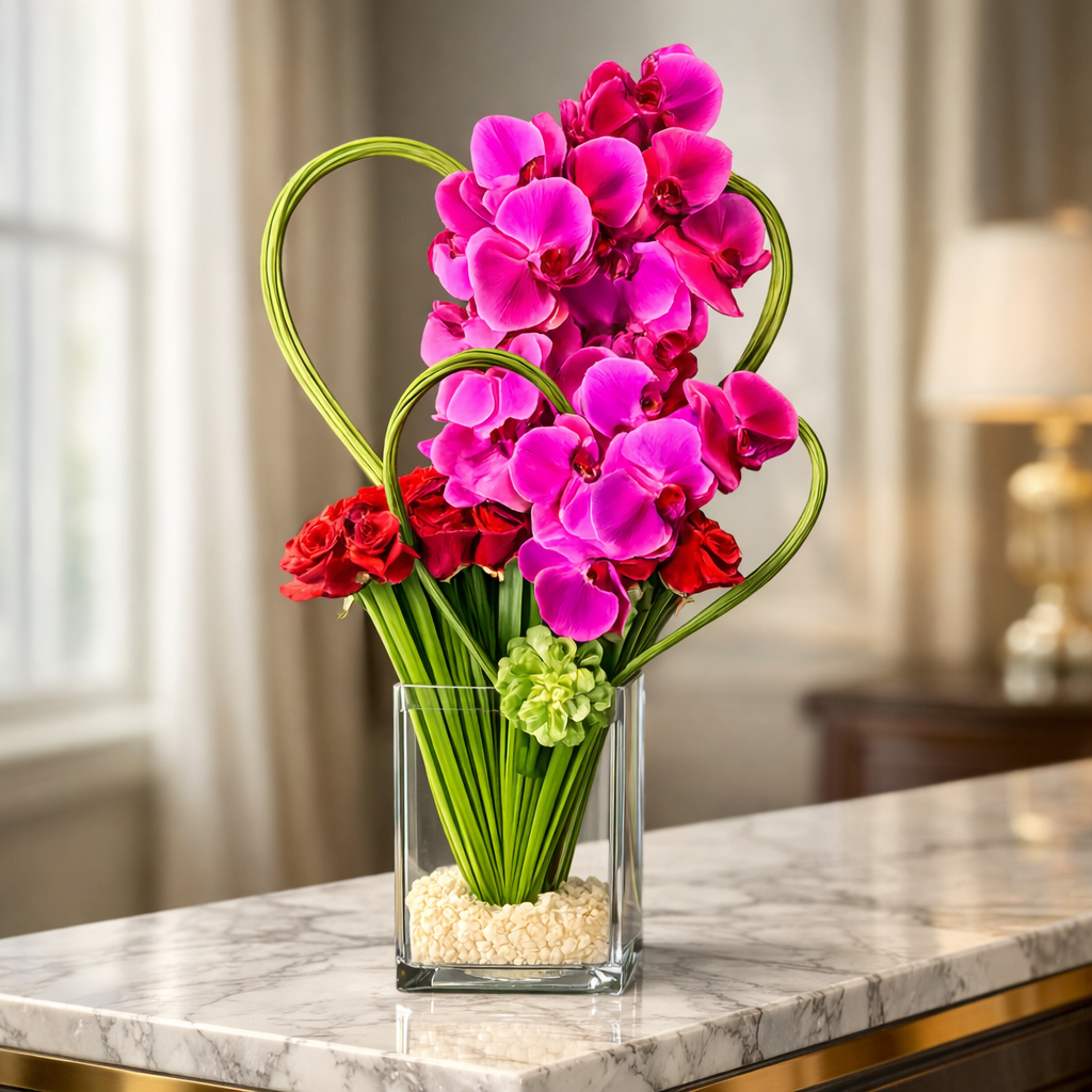 AFV 555-1 Luxury Orchid And Rose Heart Same Day Flower Delivery, Miami