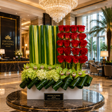 AF 300-3 Structured Red Rose & Green Orchid Designer Floral Arrangement in Rectangular Vase