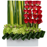 AF 300-3 Structured Red Rose & Green Orchid Designer Floral Arrangement in Rectangular Vase