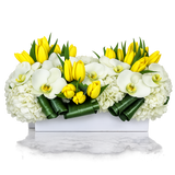 AFP 250-2 Yellow Tulip And White Orchid Luxury Floral Arrangement In White Rectangular Vase