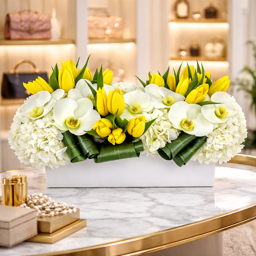 AFP 250-2 Yellow Tulip And White Orchid Luxury Floral Arrangement In White Rectangular Vase