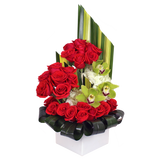 AFR 125-3 Red Rose & Green Orchid Modern Cube Vase Floral Arrangement