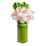 AFS 100-2 White Cymbidium Orchids In Modern Green Glass Vase Floral Arrangement