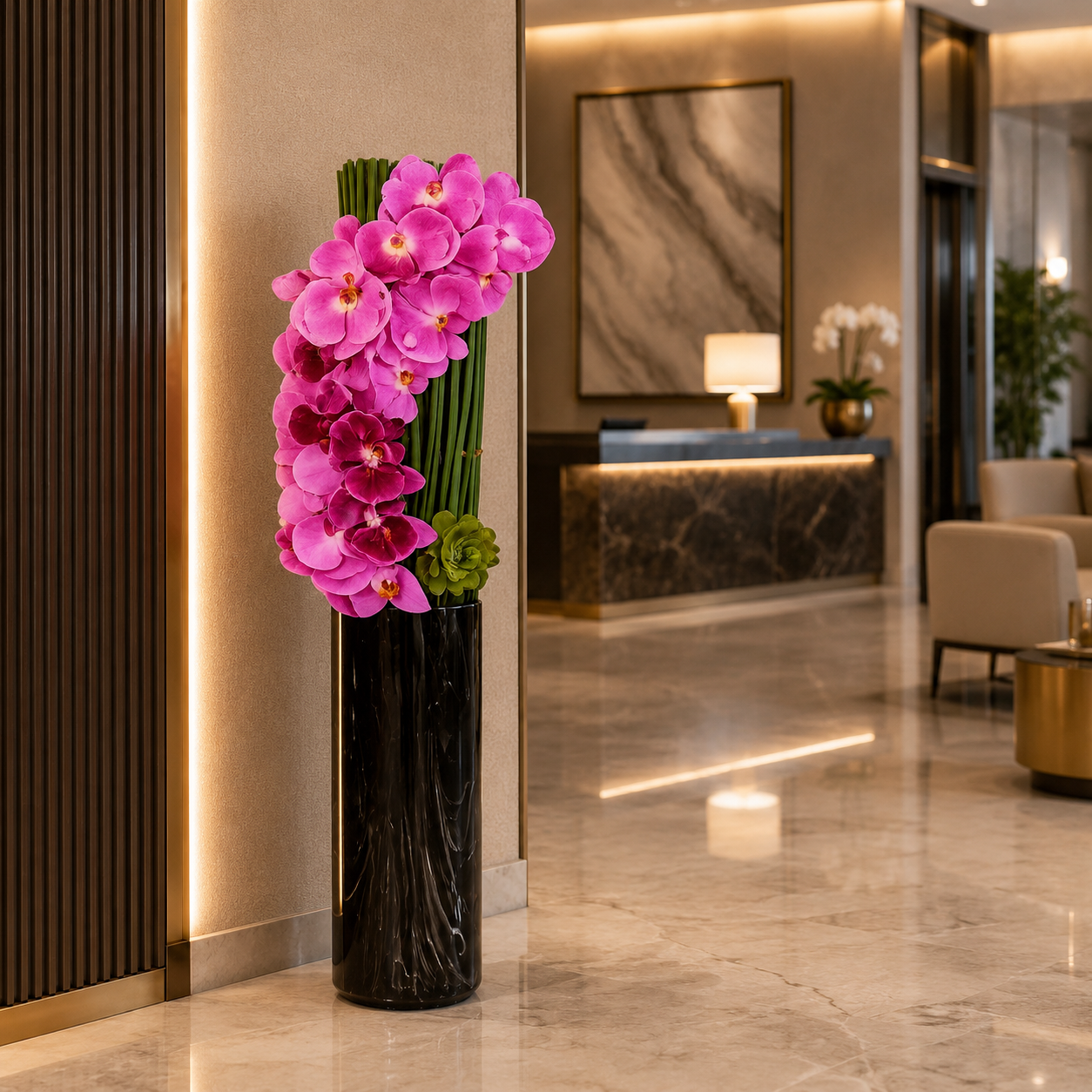 AFV 300-4 Cascading Pink Orchid Tall Glass Vase Arrangement  w/ Same Day Flower Delivery, Miami