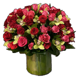 AF 650-3 Luxury Red & Pink Roses with Cymbidium Orchids – Same Day Delivery Miami
